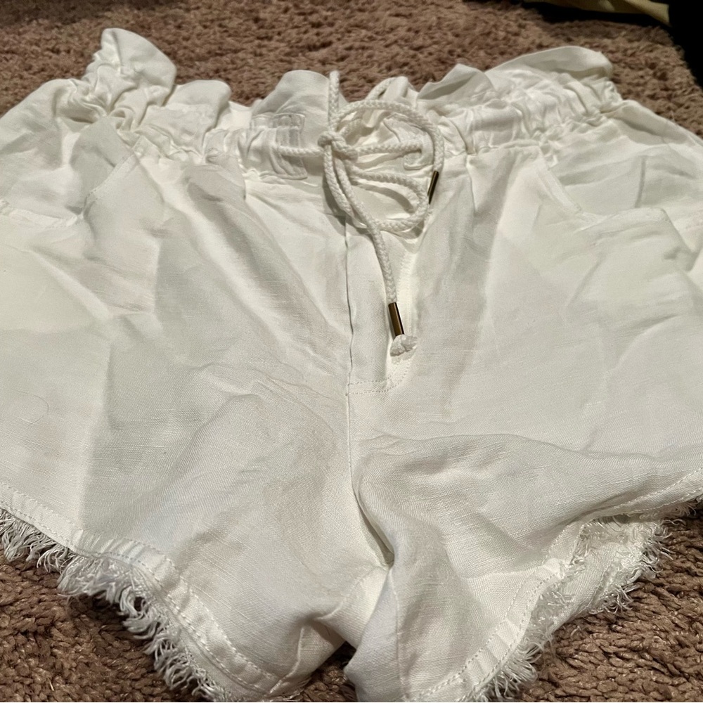 White drawstring, paper bag shorts